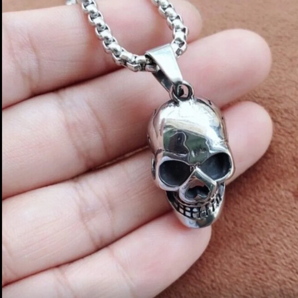 Silver Skull Pendant Necklace Steampunk Goth Biker Punk Jewelry NWT